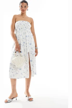 Hollister – Trägerloses Midikleid in geblümt mit tiefer Taille und Einsätzen