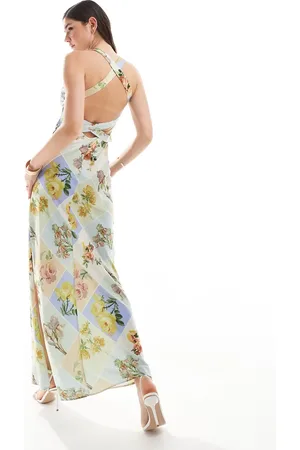 ASOS – Satin-Maxikleid mit Postkartenprint, weitem Ausschnitt und überkreuzten Trägern hinten