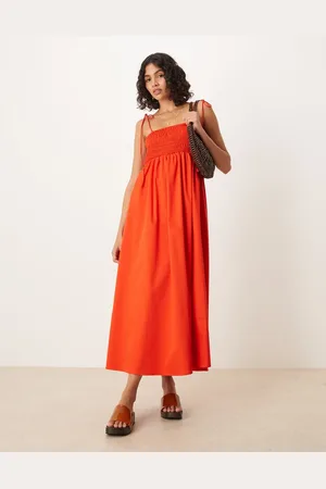 ASOS – Midikleid aus Baumwoll-Popeline in mit gesmokter Brustpartie