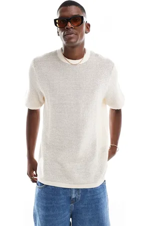 JACK & JONES – Gestreiftes Häkel-T-Shirt in Beige und Grün
