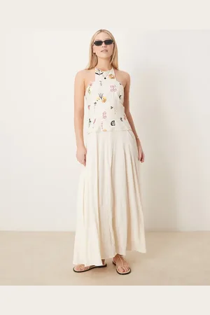 ASOS – Hybrid-Maxikleid aus Twill in Steinbeige mit Folklore-Stickerei