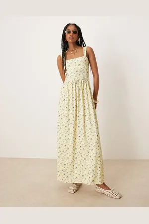 ASOS – Midikleid in Gelb mit Blümchenprint und eckigem Ausschnitt