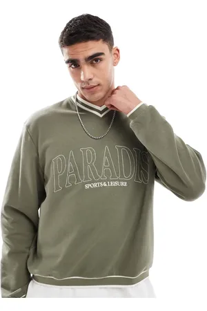 ASOS – Kastiges Oversize-Sweatshirt in Khaki mit V-Ausschnitt und Print