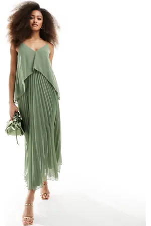 ASOS – Plissiertes Träger-Midikleid aus Chiffon in Salbeigrün mit Overlay