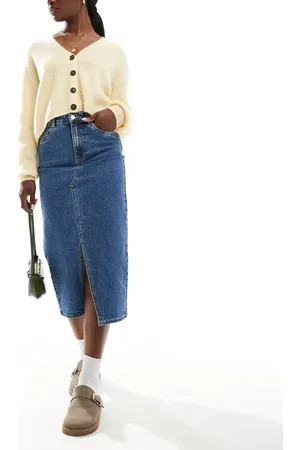 VERO MODA – Denim-Midaxi-Rock in Mittelblau mit Schlitz vorne