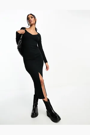 ASOS – Langärmliges, geripptes Midikleid in mit V-Ausschnitt und Schlitz vorne