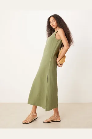 ASOS – Midikleid aus Leinen in Olivgrün mit U-Ausschnitt