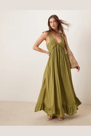 ASOS – Maxikleid in Olivgrün mit Zipfelsaum und U-Ausschnitt