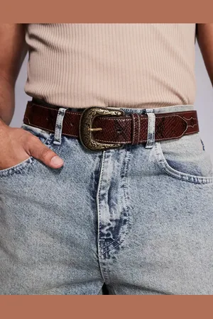 ASOS – Cowboy-Gürtel aus braunem Kunstleder in Schlangenhaut-Optik mit farblich abgesetzten Ziernähten
