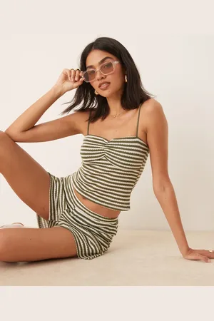 ASOS – Strukturiertes, gehäkeltes Camisole-Oberteil mit Raffung und grünen Streifen, Kombiteil