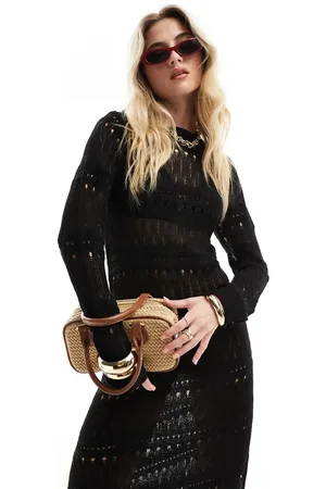 VERO MODA – Langärmliges Häkel-Midikleid in Schwarz