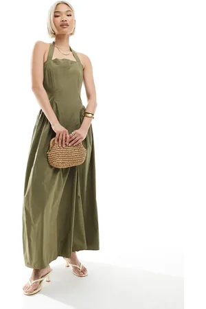 4th & Reckless – Baumwoll-Maxikleid in Olivgrün mit quadratischem Neckholder-Ausschnitt und plissierten Hüftdetails