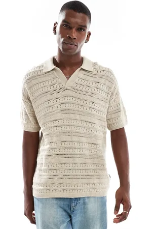Only & Sons – Polohemd in Beige mit durchbrochenem Strickmuster, tief angesetzter Schulterpartie und geschlitztem Ausschnitt