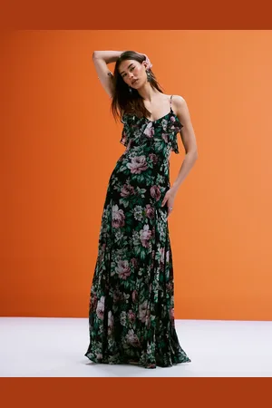 MANGO – Chiffon-Maxikleid mit Rüschen und kräftigem Blumenmuster
