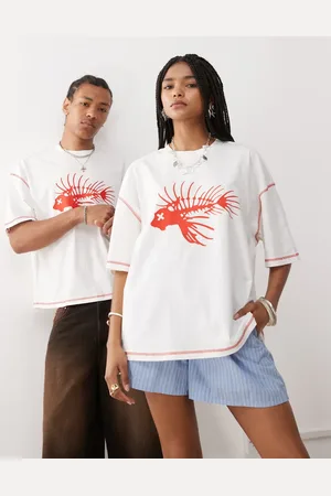 COLLUSION Unisex – T-Shirt in mit Ziernaht und Fisch-Print