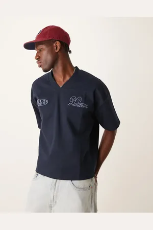 ASOS – Kastiges Oversize-T-Shirt aus 300 g/m² schwerem Stoff in Dunkelblau mit Flickendesign