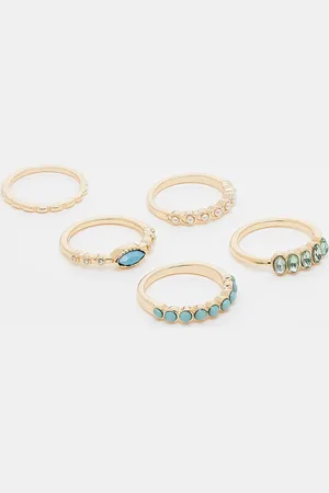ASOS ASOS DESIGN Curve – Multipack goldfarbener Ringe in verschiedenen Designs, mit blauen Schmucksteinen und Zierperlen
