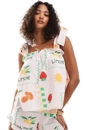 Pieces® – Hänger-Oberteil in Blassrosa mit Früchte-Print mit Bindeträgern, Kombiteil