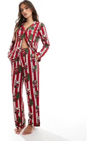 Chelsea Peers – Für Sie & Ihn – Weihnachts-Pyjama mit langärmligem Hemd mit Reverskragen und Hose aus Polyester mit gestreiftem Vintage-Weihnachtsmann-Muster