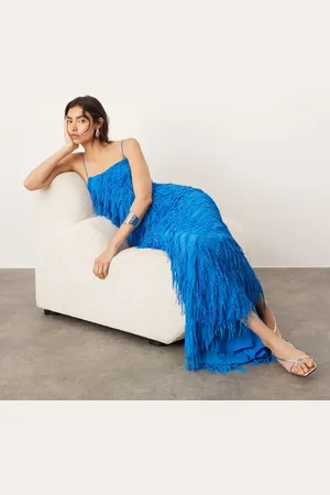 ASOS – Strukturiertes Maxi-Trägerkleid in mit tiefem Rückenausschnitt und Fransenbesatz
