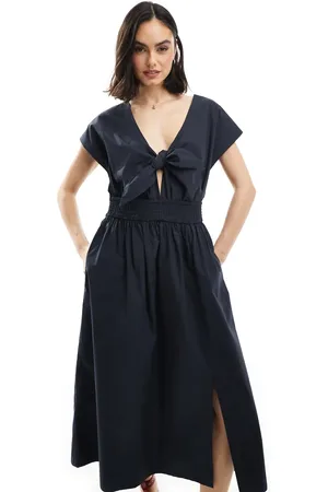 French Connection – Barletta – Midikleid aus Baumwollpopeline in mit Bindeband
