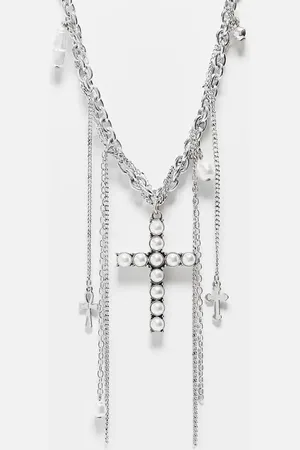 Reclaimed – Silberfarbene, mehrlagige Unisex-Halskette mit Kreuzanhänger mit Perlen