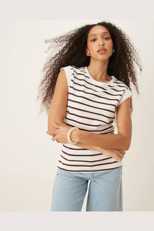 ASOS – Gestreiftes Tanktop in Braun und Cremeweiß mit Korsett-Taille und betonter Schulter