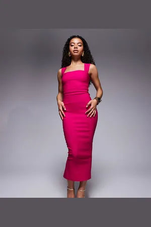 Vesper – Wadenlanges Kleid aus Bengaline in Cerise mit eckigem Ausschnitt und breiten Trägern