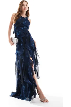 ASOS – Maxikleid mit nach hinten abfallendem Saum, Ringerrücken, Rüschen und blaugrünem Blumenmuster