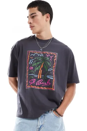 ASOS – Oversize-T-Shirt in Anthrazit mit Palmen-Grafikprint