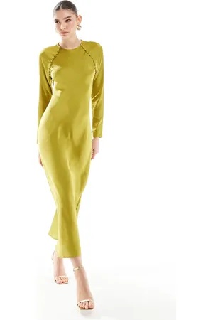 ASOS – Asymmetrisches Maxikleid aus Satin in Chartreuse mit Knopfdetail