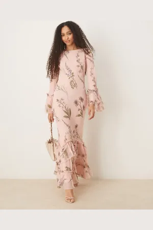 ASOS – Gestuftes, langärmliges Chiffon-Maxikleid mit Rüschen und Blumenmuster