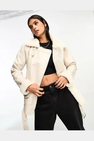 Stradivarius – Oversize-Pilotenjacke in Ecru mit Teddyfutter