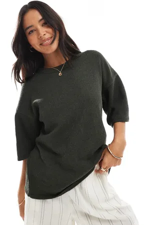 ASOS – Relaxed Fit T-Shirt in Khaki mit Strickmuster mit feiner Noppenstruktur