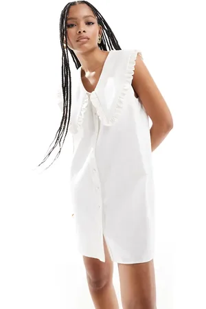 ASOS – Leinen-Minikleid in Cremeweiß mit übergroßem Kragendetail