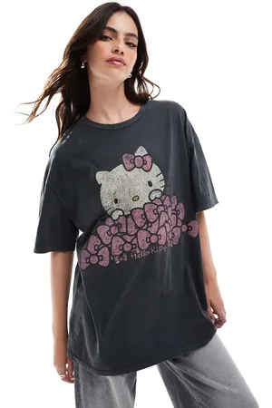 Stradivarius – T-Shirt in Anthrazit mit „Hello Kitty“-Print