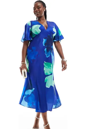 ASOS ASOS DESIGN Curve – Satin-Midikleid in Blau mit Flatterärmeln und Blumenprint