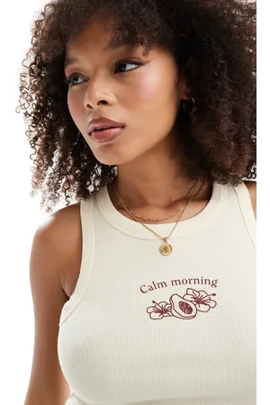 Pull&Bear – Trägertop in Ecru mit Ringerrücken und Papaya-Grafikprint