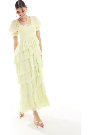 Miss Selfridge – Strukturiertes Maxikleid in Limettenrün mit asymmetrischem Saum