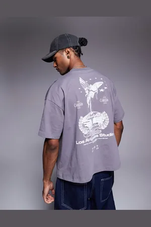 ASOS – Kastiges Oversize-T-Shirt in Anthrazit mit Engel-Street-Grafik auf der Rückseite