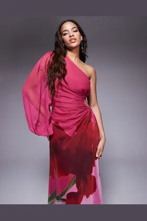 ASOS – Maxikleid mit One-Shoulder-Träger, Zierausschnitt und großflächigem Muster