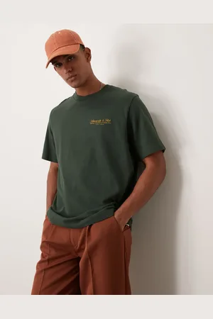 Abercrombie & Fitch – T-Shirt in Dunkelgrün mit Logo-Stickerei und leicht glänzender Optik