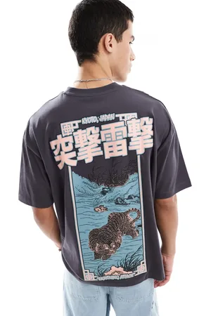 ASOS – Oversize-T-Shirt in Anthrazit mit Souvenir-Print auf dem Rücken