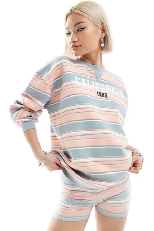 Daisy Street – Lässiges Sweatshirt in Rosa und Blau gestreift mit California-Stickerei, Kombiteil