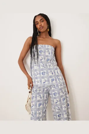 ASOS – Trägerloses, locker geschnittenes Oberteil mit blauem Muschelmuster, Kombiteil