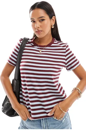 MANGO – Gestreiftes T-Shirt in Burgunderrot und Hellblau
