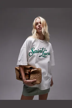 Topshop – Hochwertiges Oversize-T-Shirt in Ecru mit „Saint Lucia“-Print