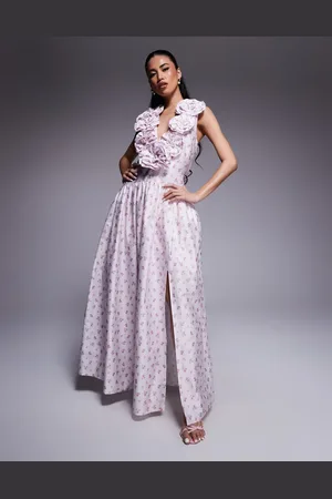 ASOS – Tief ausgeschnittenes Maxikleid aus Baumwollsatin mit Blümchenmuster, tiefer Taille und Ansteckblumendetails