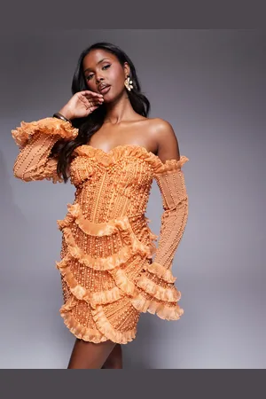ASOS – Schulterfreies Minikleid in mit Muschelsaum und Schmucksteinverzierung
