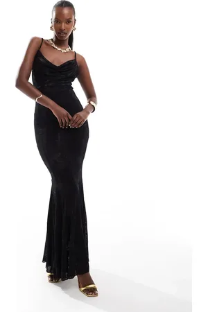 Rare Fashion London – Maxikleid aus Ausbrennersamt in mit Wasserfallausschnitt und Schwalbenschwanzsaum